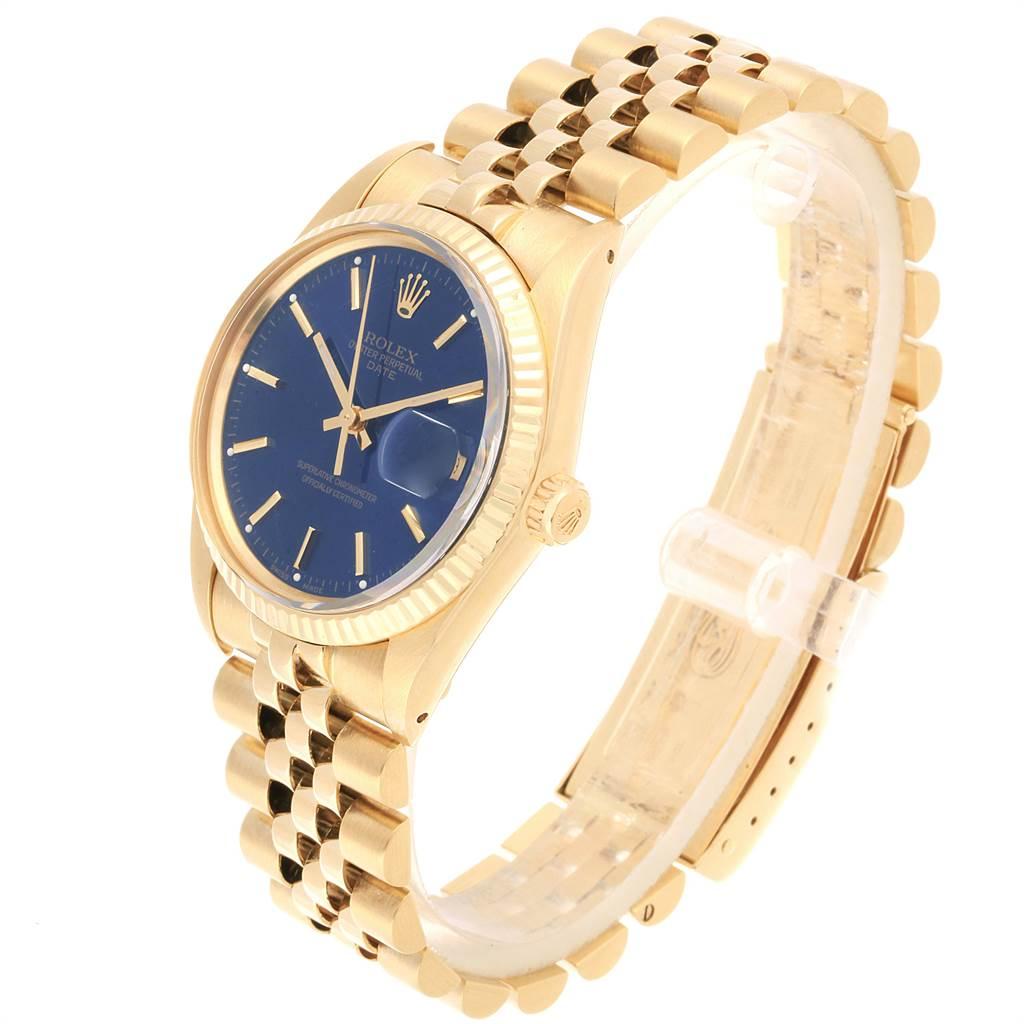 Rolex Date Men's 14 Karat Yellow Gold Blue Dial Vintage Men's Watch 15037 In Excellent Condition For Sale In Atlanta, GA