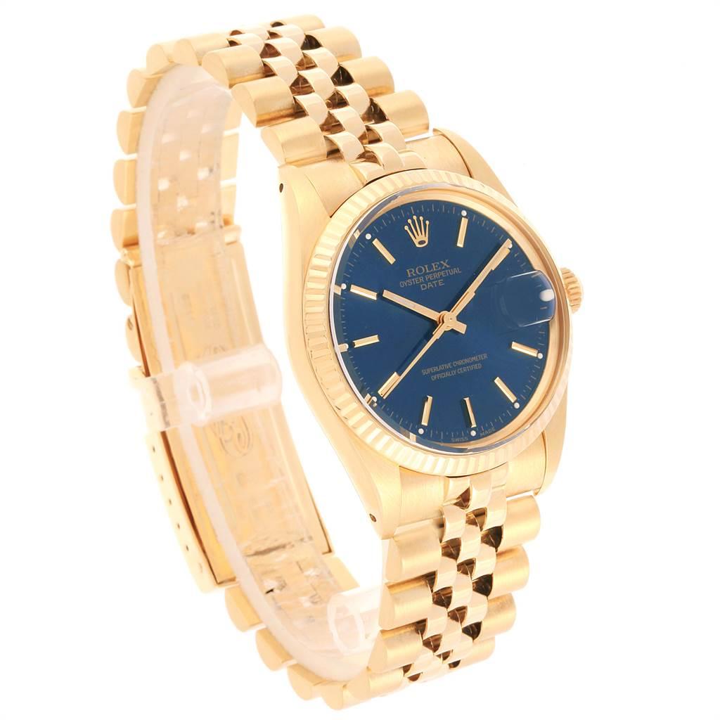 Rolex Date Men's 14 Karat Yellow Gold Blue Dial Vintage Men's Watch 15037 For Sale 1