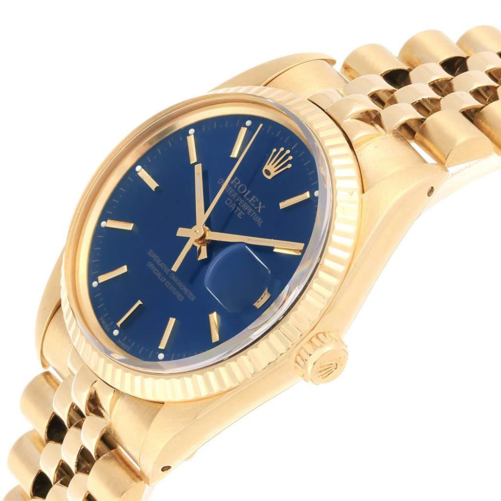 Rolex Date Men's 14 Karat Yellow Gold Blue Dial Vintage Men's Watch 15037 For Sale 2