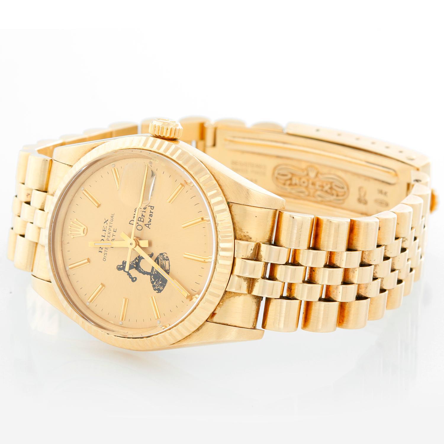 Rolex Date Men's 14K Yellow Gold Davey O'Brien Award Watch - Automatic winding, acrylic crystal. 14k yellow gold case with fluted bezel ( 34 mm diameter) . Case back inscribed to Charles Ringler - Man of Vision 