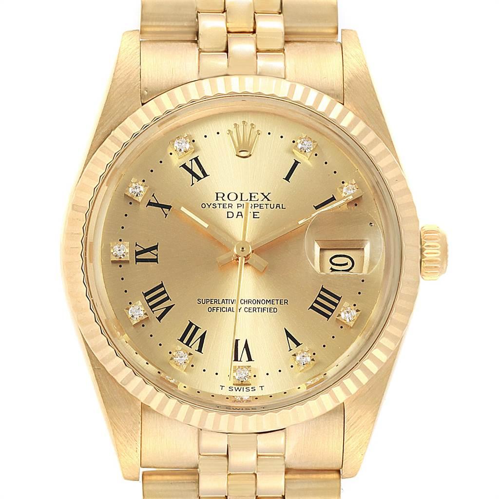 Rolex Date Mens 14k Yellow Gold Diamond Vintage Mens Watch 15037. Officially certified chronometer self-winding movement. 14k yellow gold case 34.0 mm in diameter. Rolex logo on a crown. 14k yellow gold fluted bezel. Acrylic crystal with cyclops