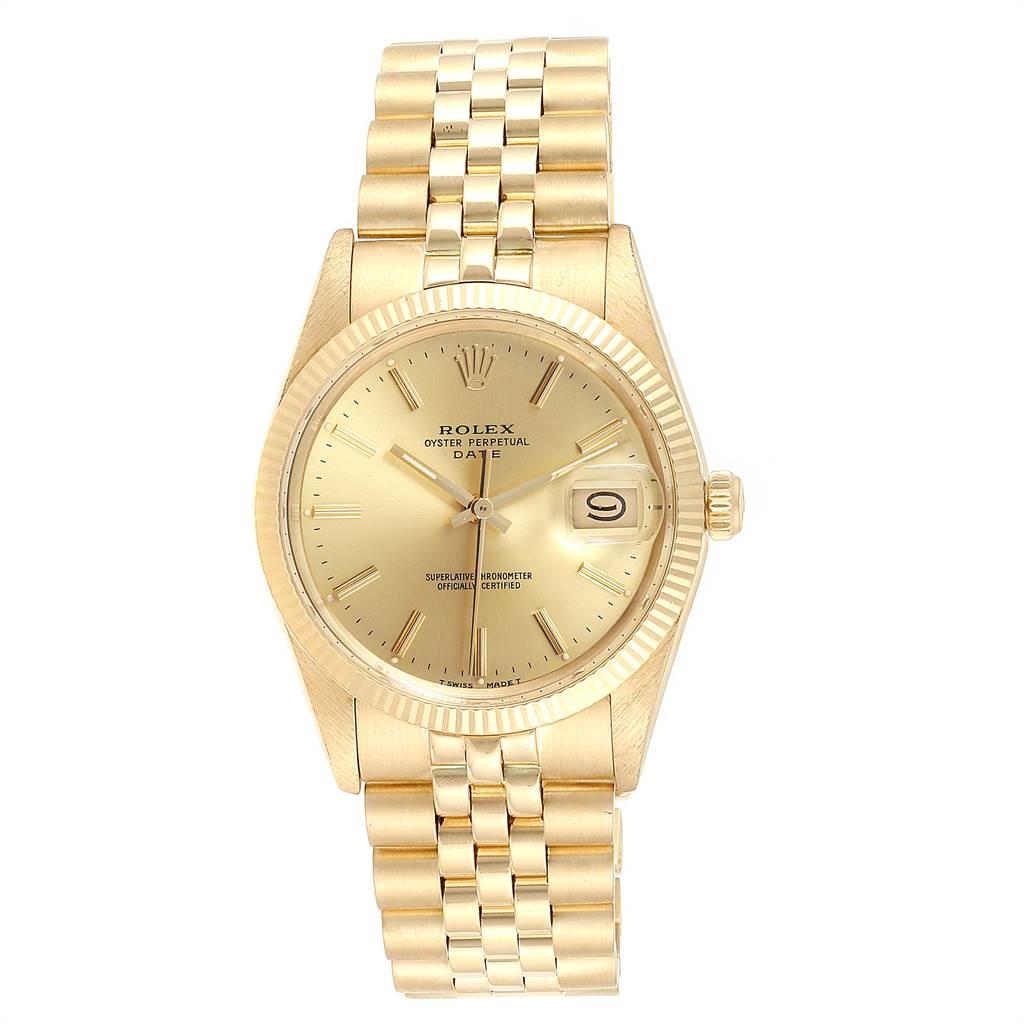 Rolex Date Mens 14k Yellow Gold Vintage Mens Watch 15037. Officially certified chronometer self-winding movement. 14k yellow gold case 34.0 mm in diameter. Rolex logo on a crown. 14k yellow gold fluted bezel. Acrylic crystal with cyclops magnifier.