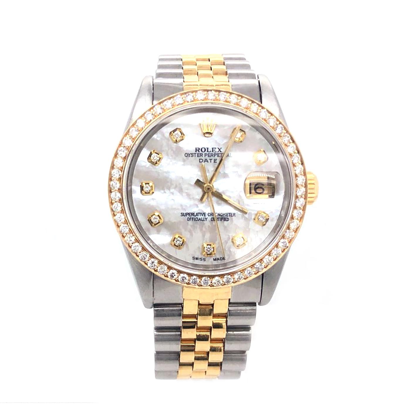 Rolex Date 34 15223. Features a brushed 904L Oystersteel stainless steel case and brushed 904L Oystersteel stainless steel with 18k yellow gold Jubilee bracelet. Polished solid 18k yellow gold diamond bezel.Mother of pearl diamond dial with
