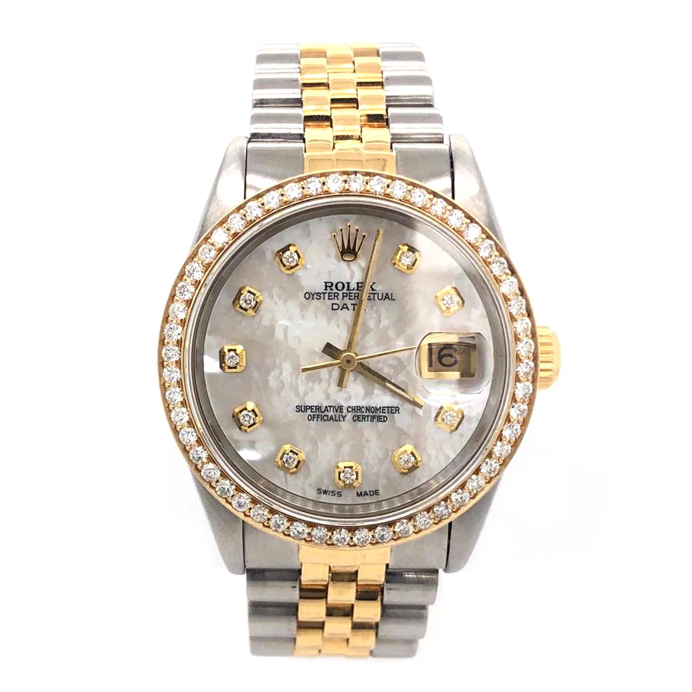 Modern Rolex Date Men's 18 Karat Gold & Stainless Steel Oyster Band Diamond Bezel 15223