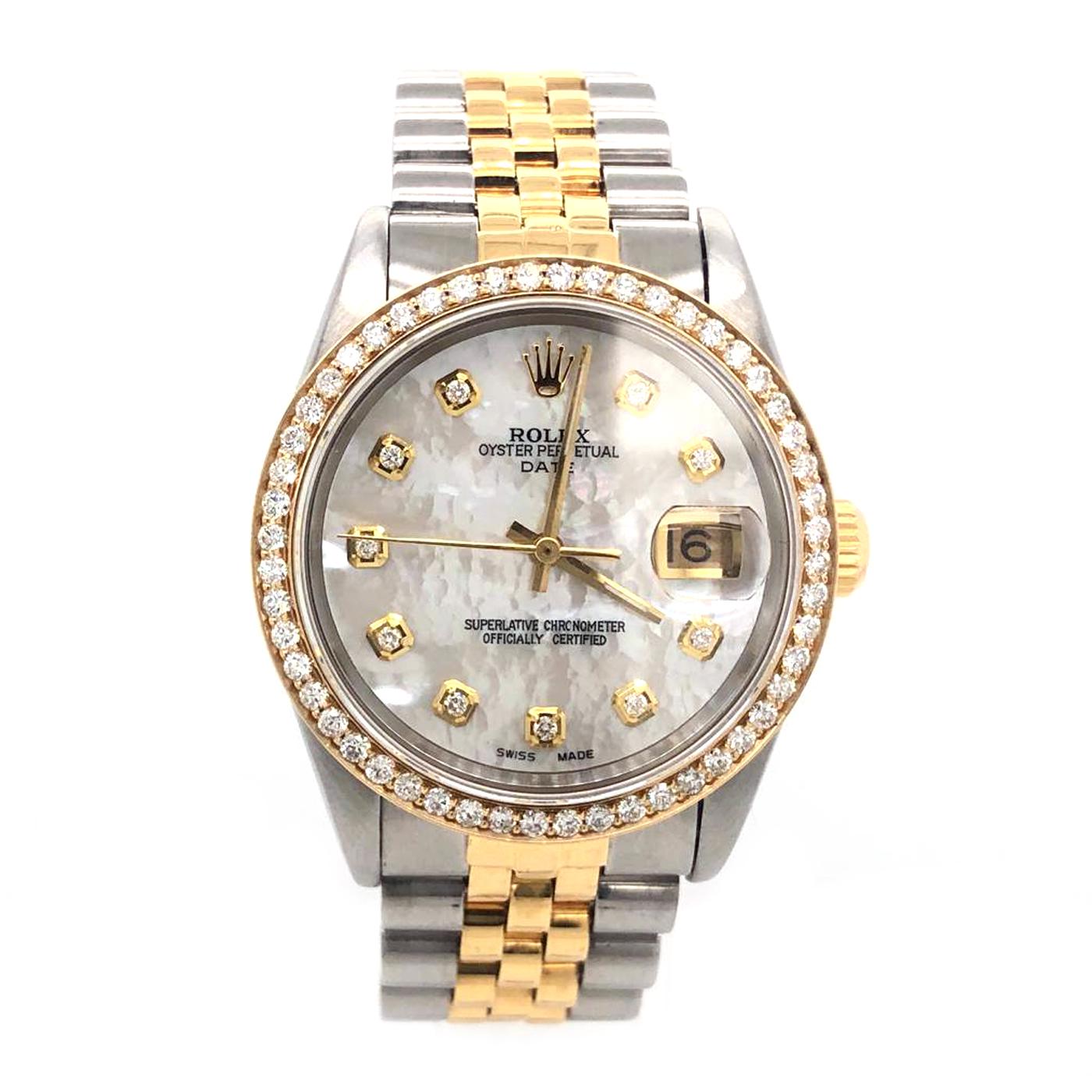 Round Cut Rolex Date Men's 18 Karat Gold & Stainless Steel Oyster Band Diamond Bezel 15223