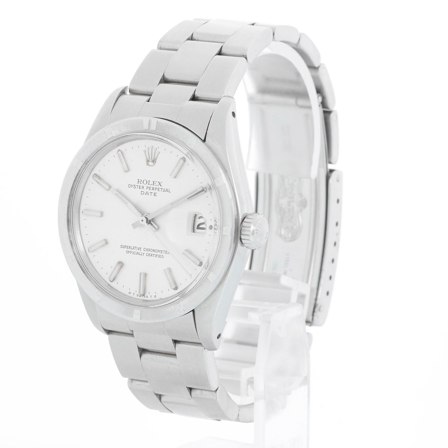 Rolex Date Men's Stainless Steel Watch 1501 - Automatic winding, 27 jewels, non-quickset, acrylic crystal. Stainless steel case with engine turn bezel (34mm diameter). Silver dial with stick hour markers. Stainless Steel Oyster Bracelet. Pre-owned