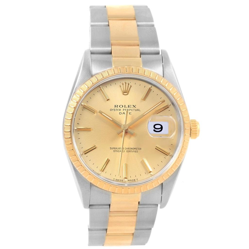 Men's Rolex Date Men’s Steel 18 Karat Yellow Gold Baton Dial Men’s Watch 15223 For Sale