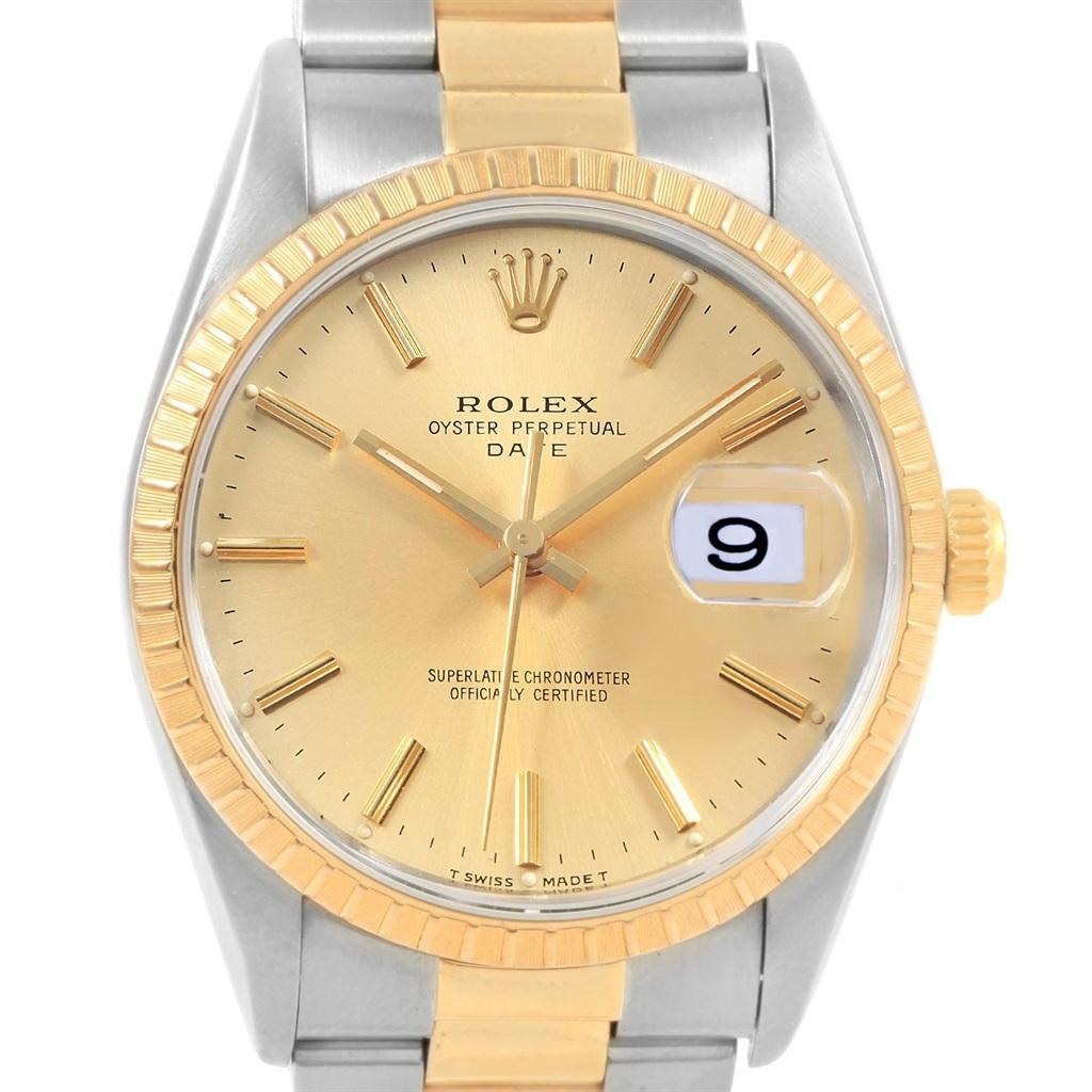 Rolex Date Men’s Steel 18 Karat Yellow Gold Baton Dial Men’s Watch 15223 For Sale