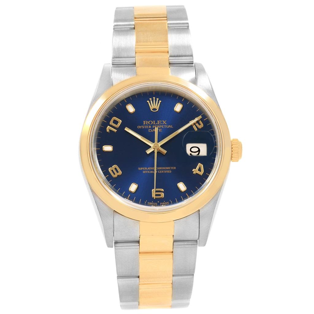 Rolex Date Men's Steel 18 Karat Yellow Gold Blue Dial Men's Watch 15203 In Excellent Condition For Sale In Atlanta, GA