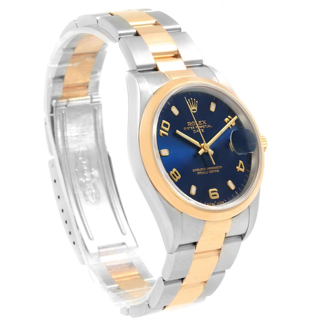 Rolex Date Men's Steel 18 Karat Yellow Gold Blue Dial Men's Watch 15203 For Sale 2