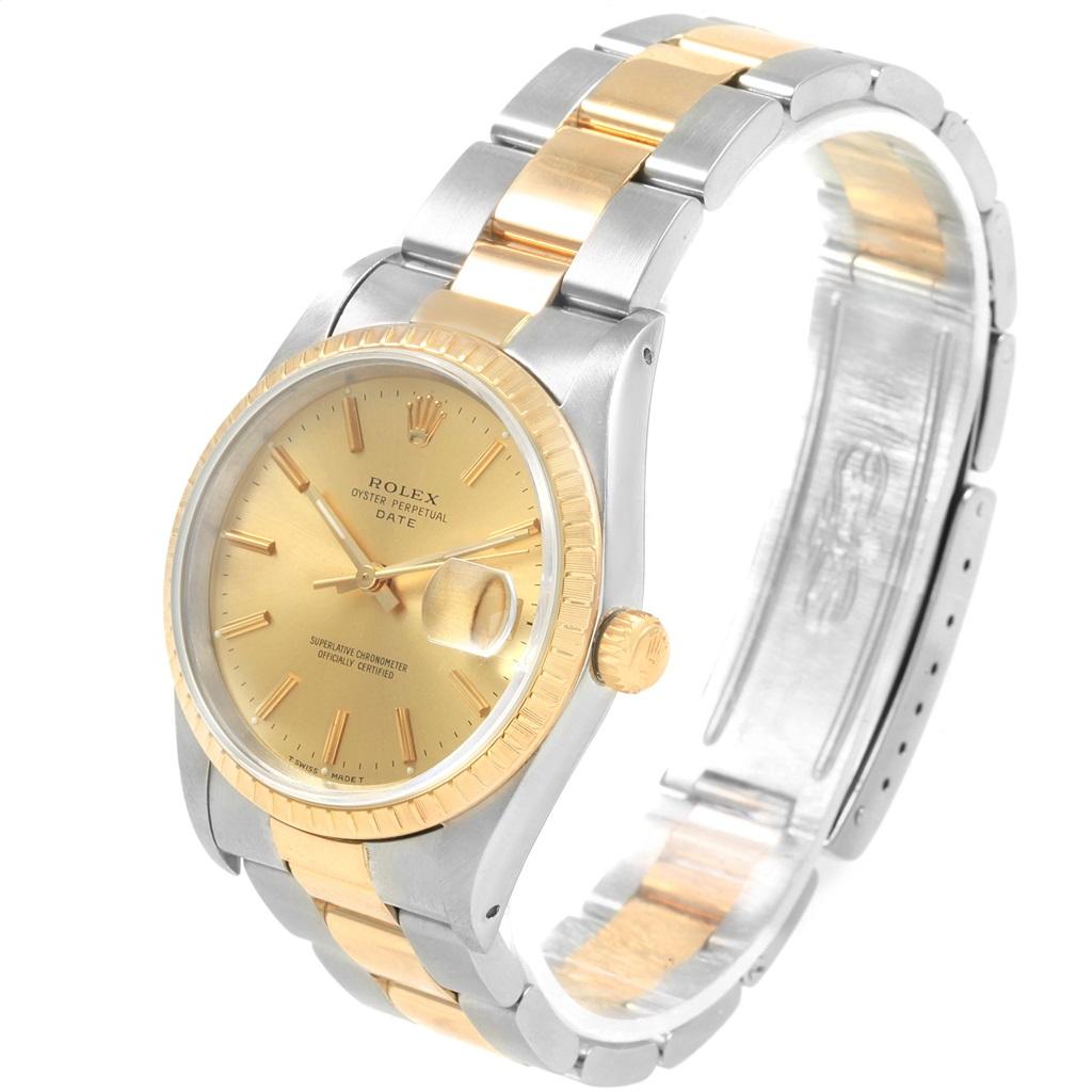 Rolex Date Mens Steel 18k Yellow Gold Baton Dial Mens Watch 15223. Officially certified chronometer self-winding movement with quickset date function. Stainless steel and 18K yellow gold oyster case 34.0 mm in diameter. Rolex logo on a crown. 18K