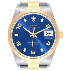 Rolex Date Mens Steel 18K Yellow Gold Blue Dial Mens Watch 15203