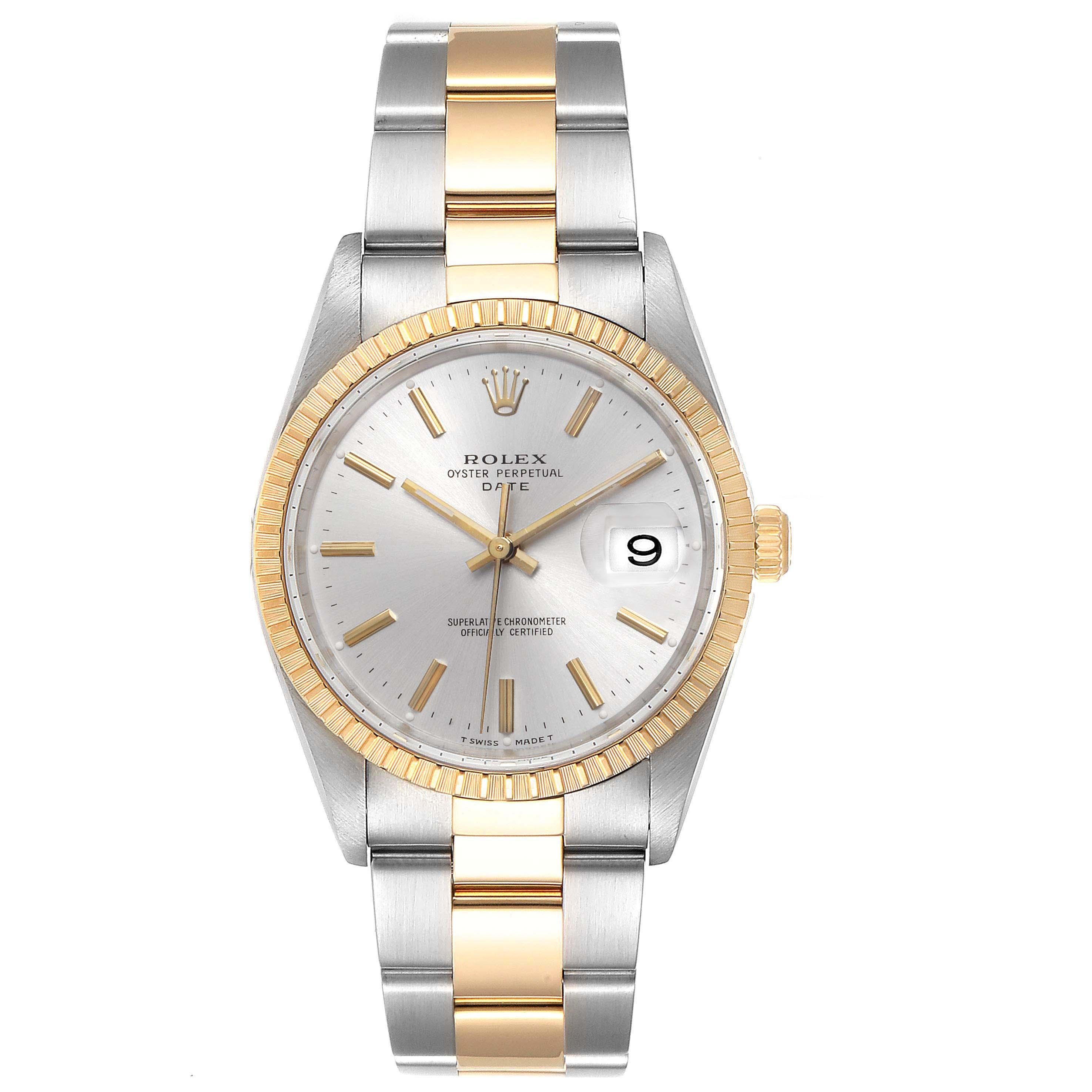 Rolex Date Mens Steel 18k Yellow Gold Silver Dial Mens Watch 15223. Officially certified chronometer self-winding movement. Stainless steel and 18K yellow gold oyster case 34.0 mm in diameter. Rolex logo on a crown. 18K yellow gold fluted bezel.