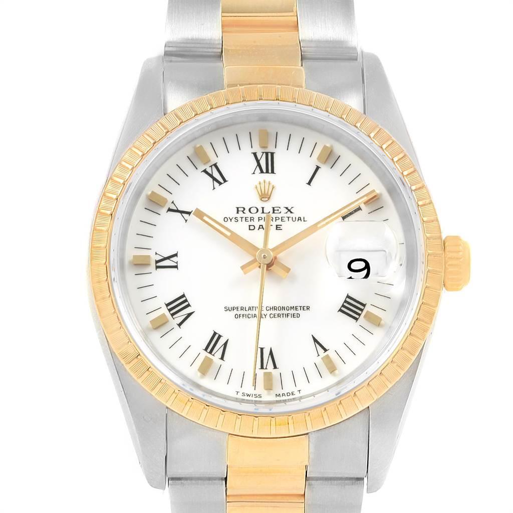 Rolex Date Mens Steel 18k Yellow Gold White Dial Mens Watch 15223. Officially certified chronometer self-winding movement with quickset date function. Stainless steel and 18K yellow gold oyster case 34.0 mm in diameter. Rolex logo on a crown. 18K