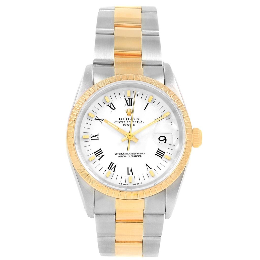 Rolex Date Men's Steel 18 Karat Yellow Gold White Dial Men's Watch 15223 In Excellent Condition For Sale In Atlanta, GA