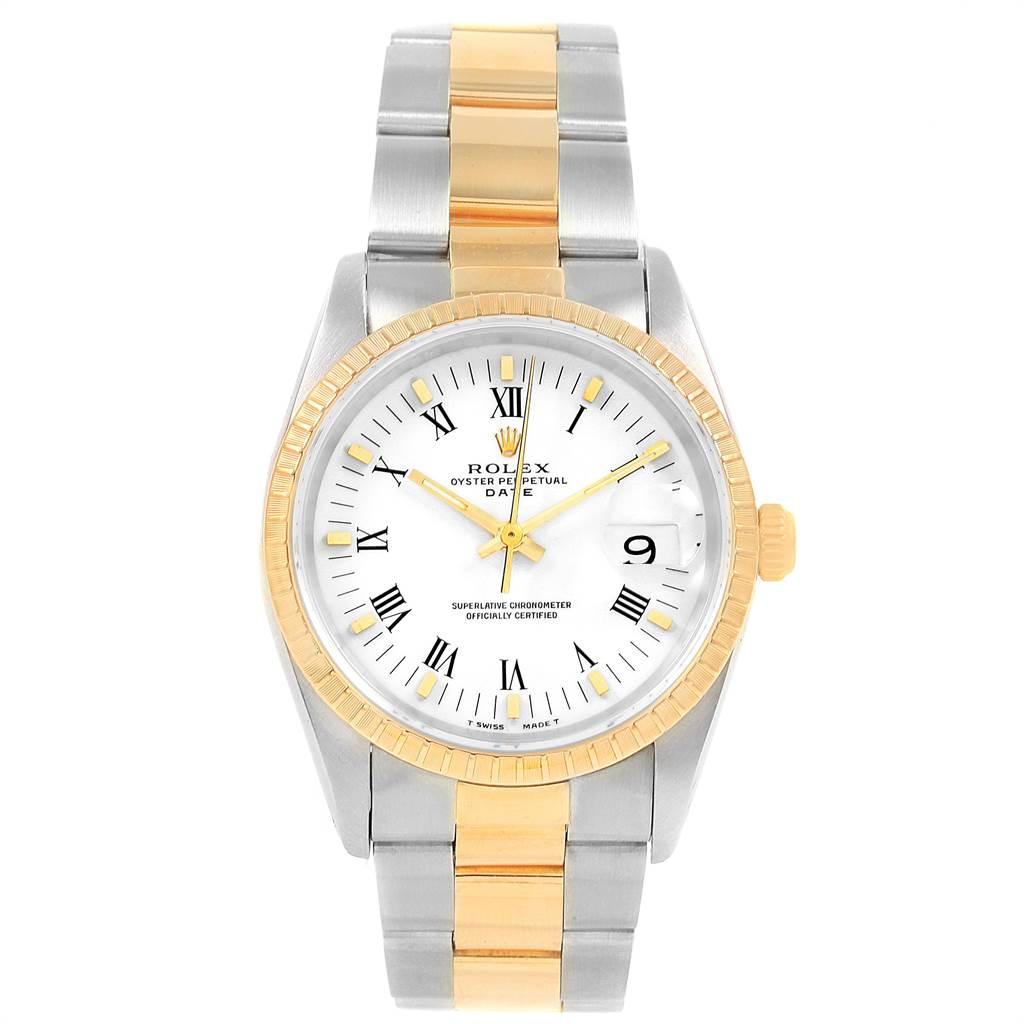 Rolex Date Men’s Steel 18 Karat Yellow Gold White Dial Men’s Watch 15223 In Excellent Condition In Atlanta, GA