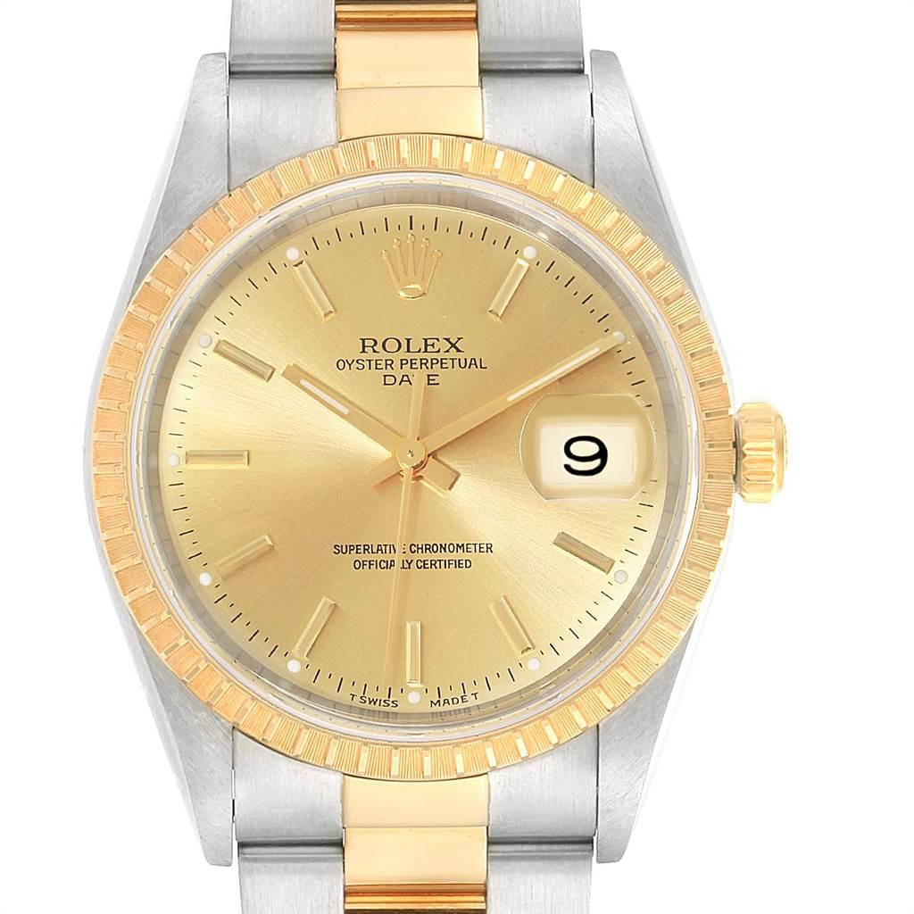Rolex Date Mens Steel Yellow Gold Mens Watch 15223 Box Papers. Officially certified chronometer self-winding movement with quickset date function. Stainless steel and 18K yellow gold oyster case 34.0 mm in diameter. Rolex logo on a crown. 18K yellow
