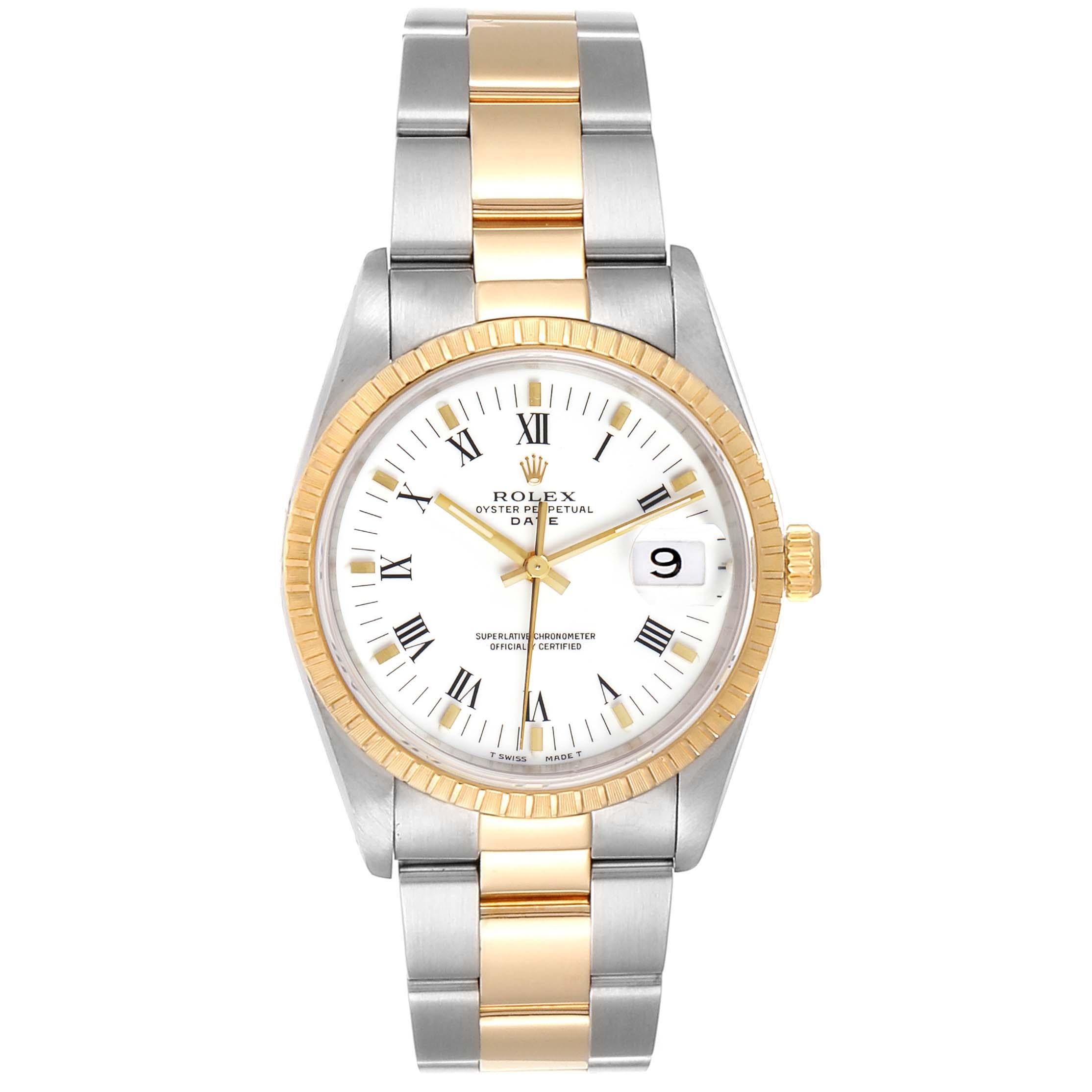 Rolex Date Mens Steel Yellow Gold White Dial Mens Watch 15223 Box Papers. Officially certified chronometer self-winding movement. Stainless steel and 18K yellow gold oyster case 34.0 mm in diameter. Rolex logo on a crown. 18K yellow gold fluted