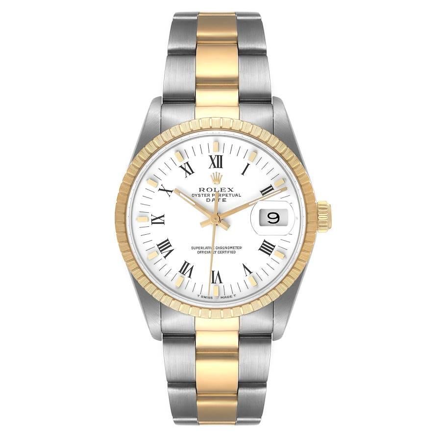 Rolex Date Mens Steel Yellow Gold White Diamond Dial Mens Watch 15223. Officially certified chronometer self-winding movement with quickset date function. Stainless steel and 18K yellow gold oyster case 34.0 mm in diameter. Rolex logo on a crown.