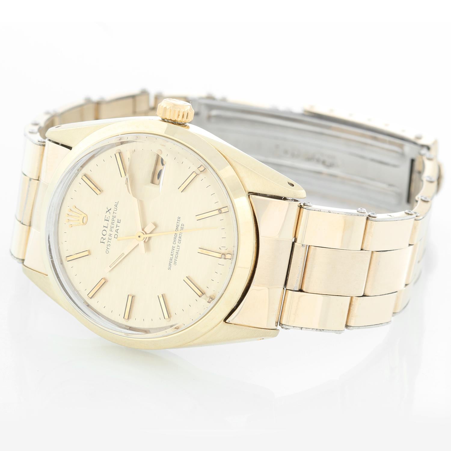 Rolex Date Men's Vintage 14k Gold Shell Watch 1550 - Automatic winding, acrylic crystal. 14k yellow gold shell case with smooth bezel (34mm diameter). Champagne texture dial with stick hour markers. Oyster bracelet. Pre-owned with custom box .
