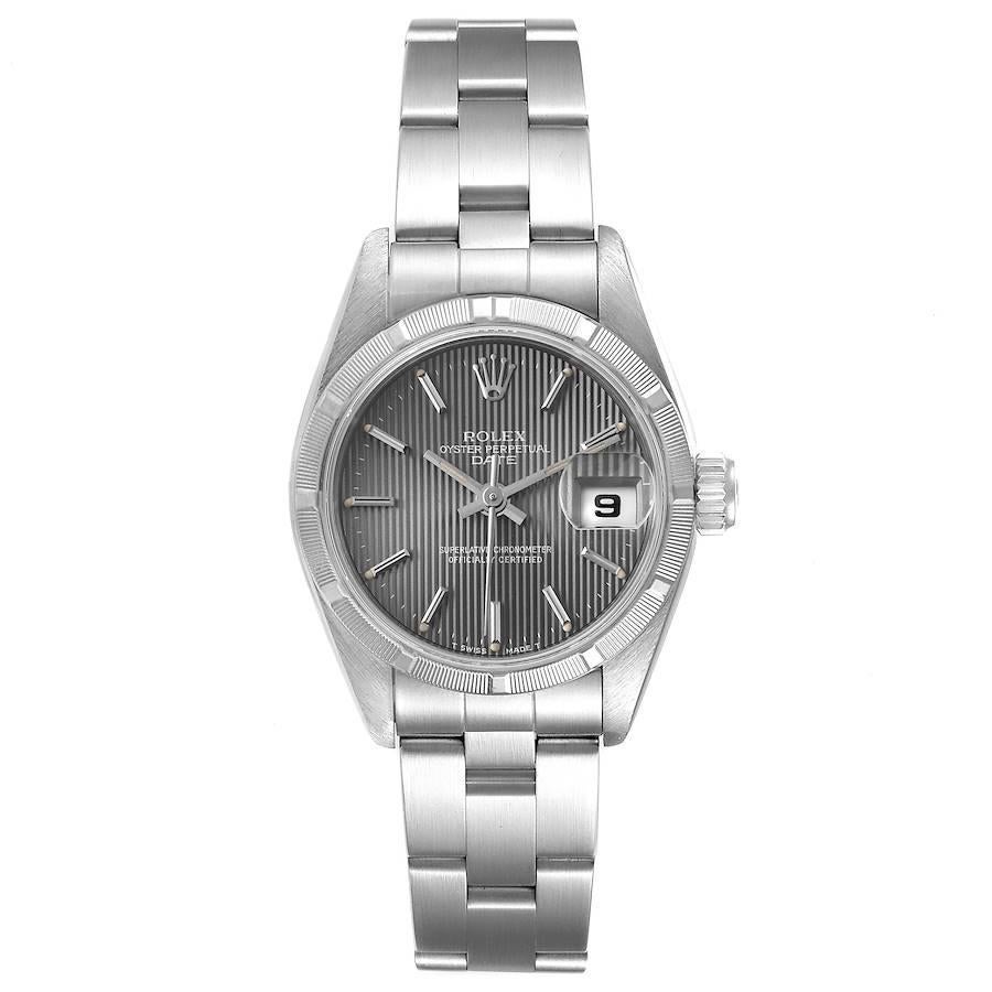 Rolex Date Oyster Bracelet Gray Tapestry Dial Steel Ladies Watch 69190. Officially certified chronometer self-winding movement. Stainless steel oyster case 26.0 mm in diameter. Rolex logo on a crown. Stainless steel engine turned bezel. Scratch