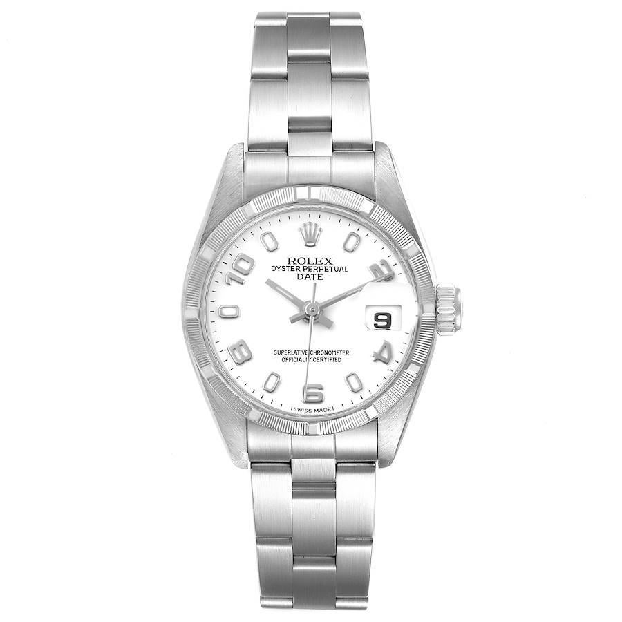 Rolex Date Oyster Bracelet White Dial Steel Ladies Watch 69190. Officially certified chronometer self-winding movement. Stainless steel oyster case 26.0 mm in diameter. Rolex logo on a crown. Stainless steel engine turned bezel. Scratch resistant