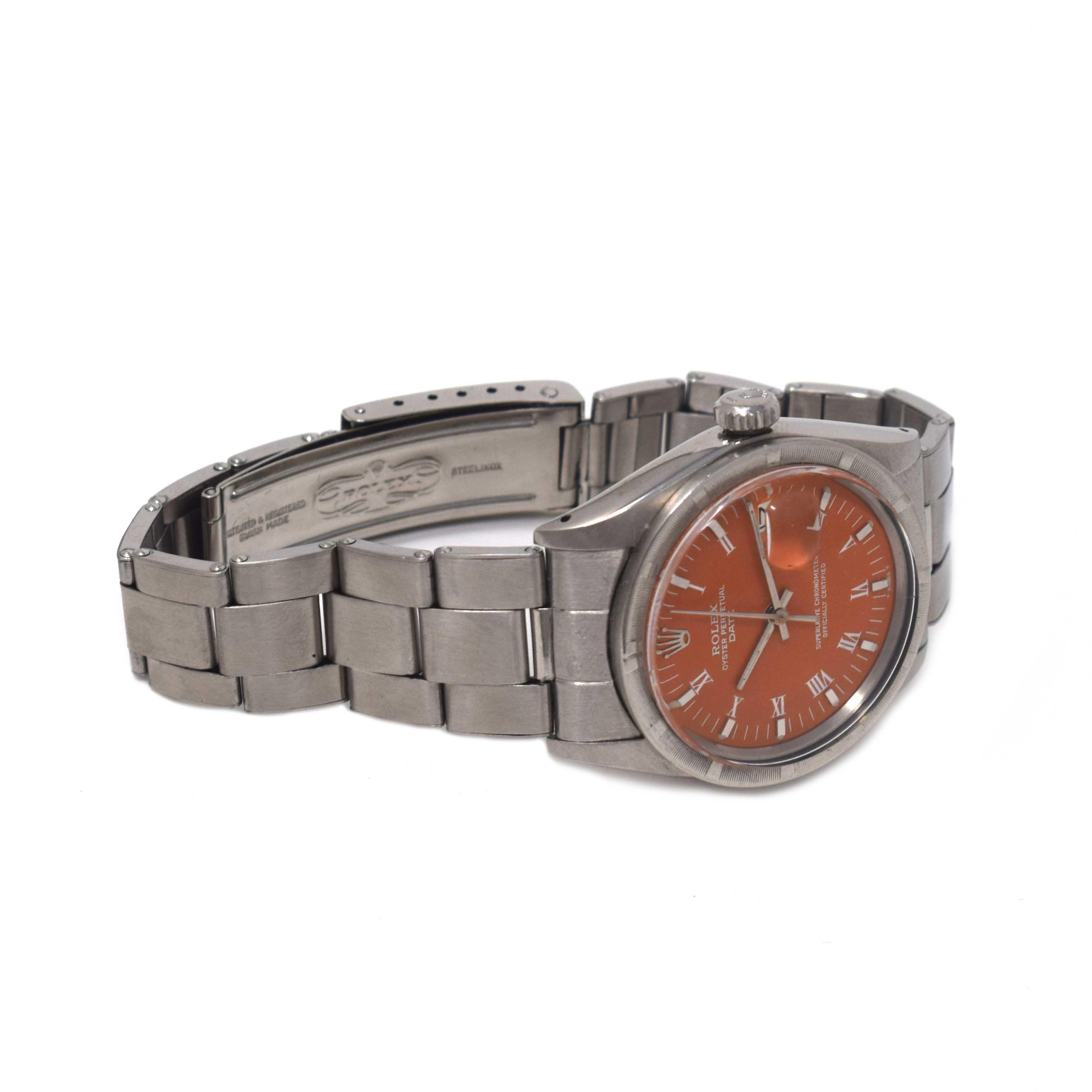 Brilliance Jewels, Miami
Questions? Call Us Anytime!
786,482,8100

Brand: Rolex

Model Number: 1501

Model Name:  Date

Serial Number:  3,7** (either 1974)

Movement: Automatic

Case Size:  34 mm

Dial Color: Orange

Dial: Roman Numerals 

Bracelet