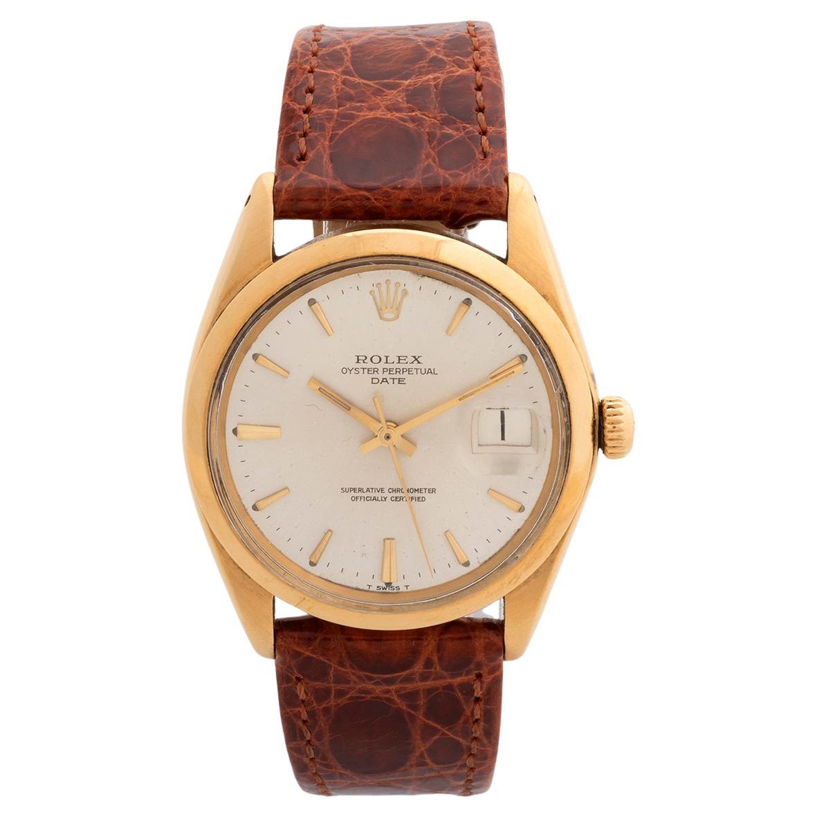 Rolex Date Ref 1500, Gelbgold 34mm Gehäuse, leicht patiniertes Zifferblatt, Jahr ca. 1967