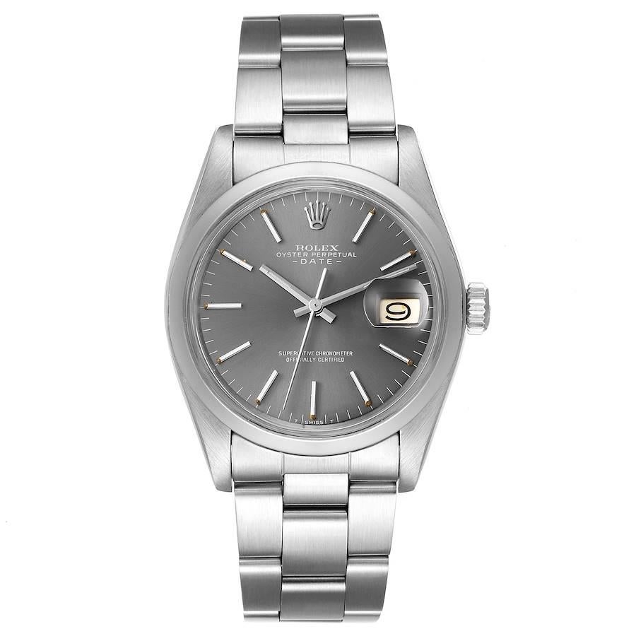Rolex Date Rhodium Dial Domed Bezel Vintage Mens Watch 1500. Officially certified chronometer self-winding movement. Stainless steel oyster case 35.0 mm in diameter. Rolex logo on a crown. Stainless steel smooth domed bezel. Acrylic crystal with