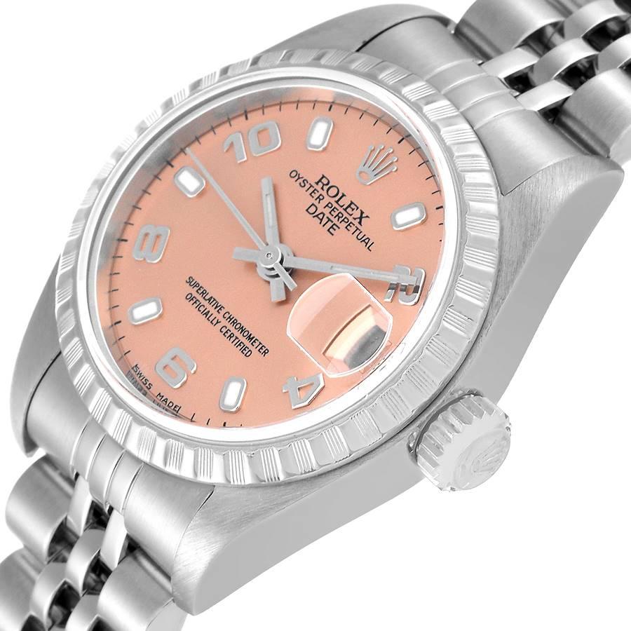Rolex Date Salmon Dial Engine Turned Bezel Steel Ladies Watch 79240 Box Papers 1