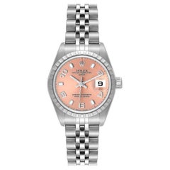 Rolex Date Salmon Dial Engine Turned Bezel Steel Ladies Watch 79240 Box Papers