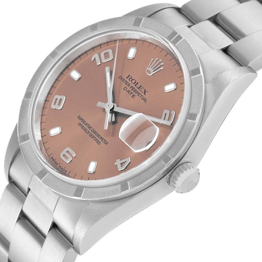 Rolex Date Salmon Dial Engine Turned Bezel Steel Mens Watch 15210 Box Papers 1