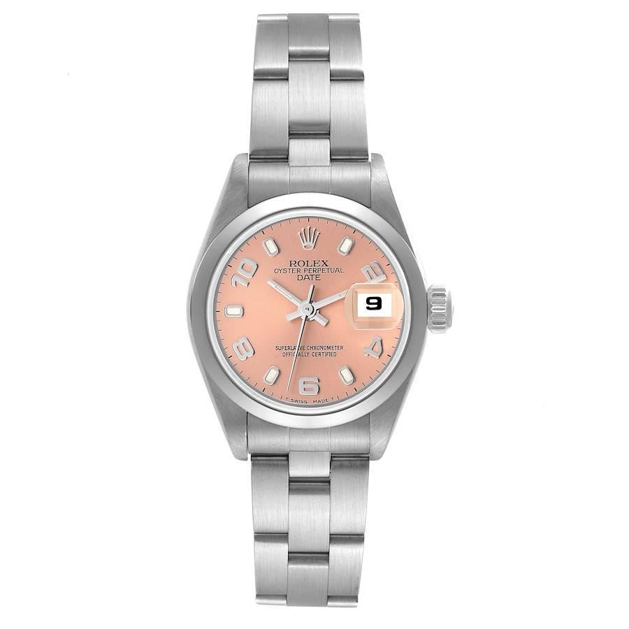 Rolex Date Salmon Dial Oyster Bracelet Steel Ladies Watch 69160. Officially certified chronometer self-winding movement. Stainless steel oyster case 26.0 mm in diameter. Rolex logo on a crown. Stainless steel smooth bezel. Scratch resistant sapphire