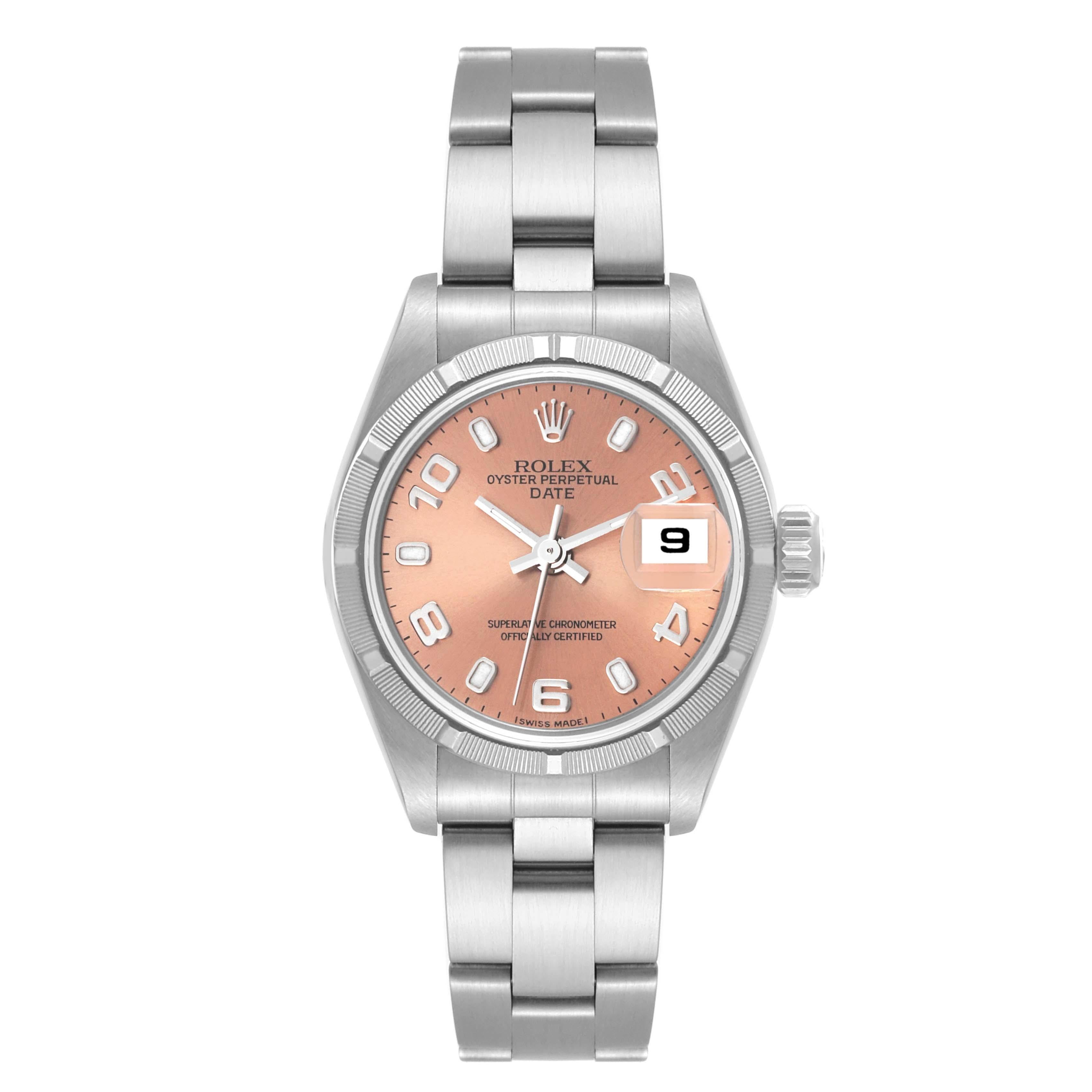 Rolex Date Salmon Dial Oyster Bracelet Steel Ladies Watch 79190. Officially certified chronometer self-winding movement. Stainless steel oyster case 26 mm in diameter. Rolex logo on a crown. Stainless steel engine turned bezel. Scratch resistant
