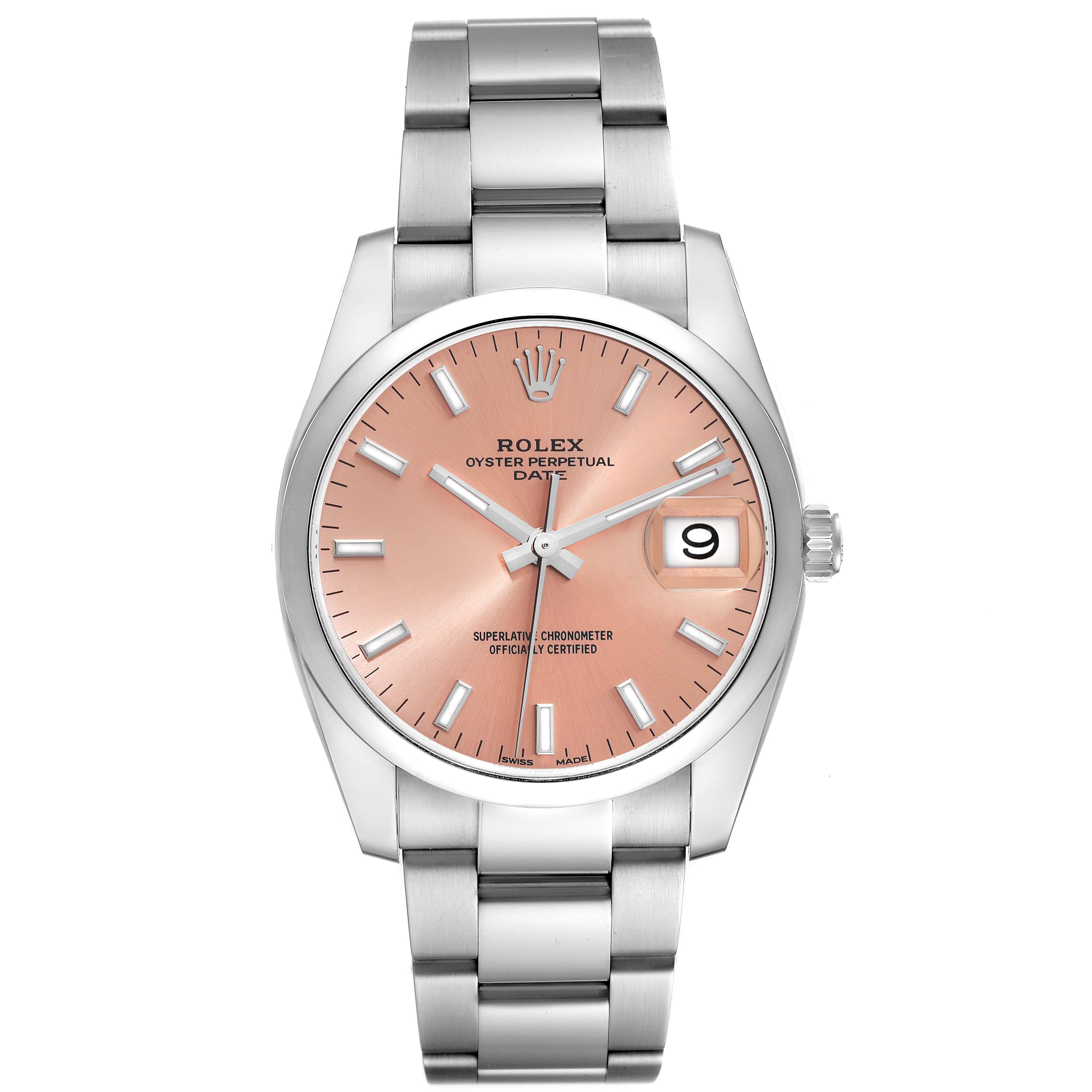 Rolex Date Salmon Dial Oyster Bracelet Steel Mens Watch 115200 Box Card. Officially certified chronometer automatic self-winding movement. Stainless steel case 34.0 mm in diameter. Rolex logo on a crown. Stainless steel smooth domed bezel. Scratch