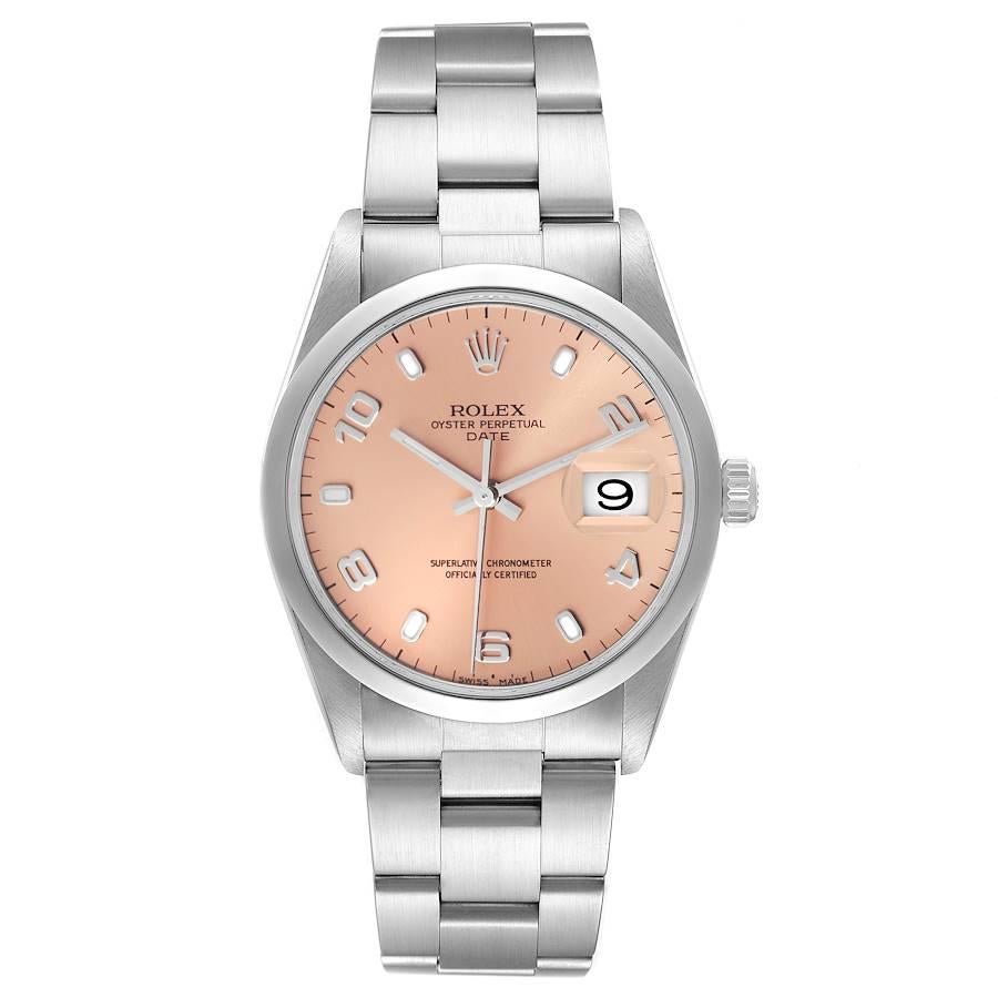 Rolex Date Salmon Dial Oyster Bracelet Steel Mens Watch 15200 Box Papers. Officially certified chronometer self-winding movement. Stainless steel oyster case 34.0 mm in diameter. Rolex logo on a crown. Stainless steel smooth domed bezel. Scratch