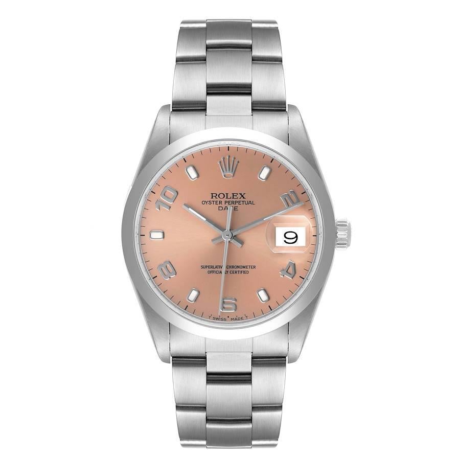 Rolex Date Salmon Dial Oyster Bracelet Steel Mens Watch 15200. Officially certified chronometer self-winding movement. Stainless steel oyster case 34.0 mm in diameter. Rolex logo on a crown. Stainless steel smooth domed bezel. Scratch resistant