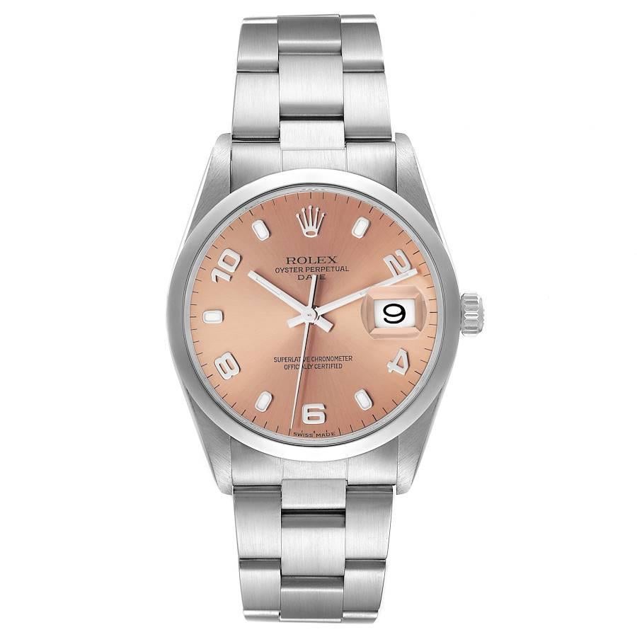 Rolex Date Salmon Dial Smooth Bezel Steel Mens Watch 15200 Box Papers. Officially certified chronometer automatic self-winding movement. Stainless steel oyster case 34.0 mm in diameter. Rolex logo on the crown. Stainless steel smooth bezel. Scratch