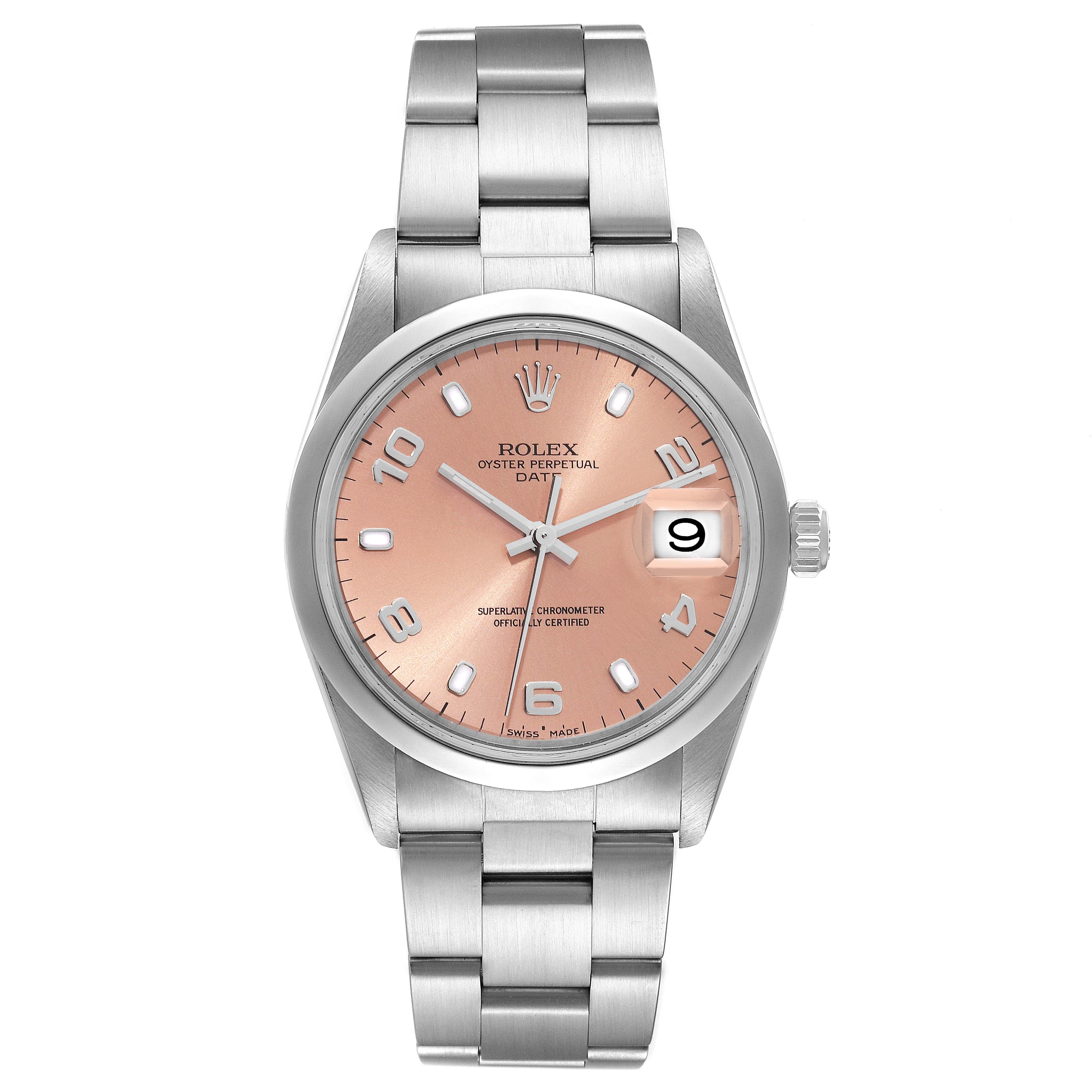 Rolex Date Salmon Dial Smooth Bezel Steel Mens Watch 15200. Officially certified chronometer automatic self-winding movement. Stainless steel oyster case 34.0 mm in diameter. Rolex logo on the crown. Stainless steel smooth bezel. Scratch resistant