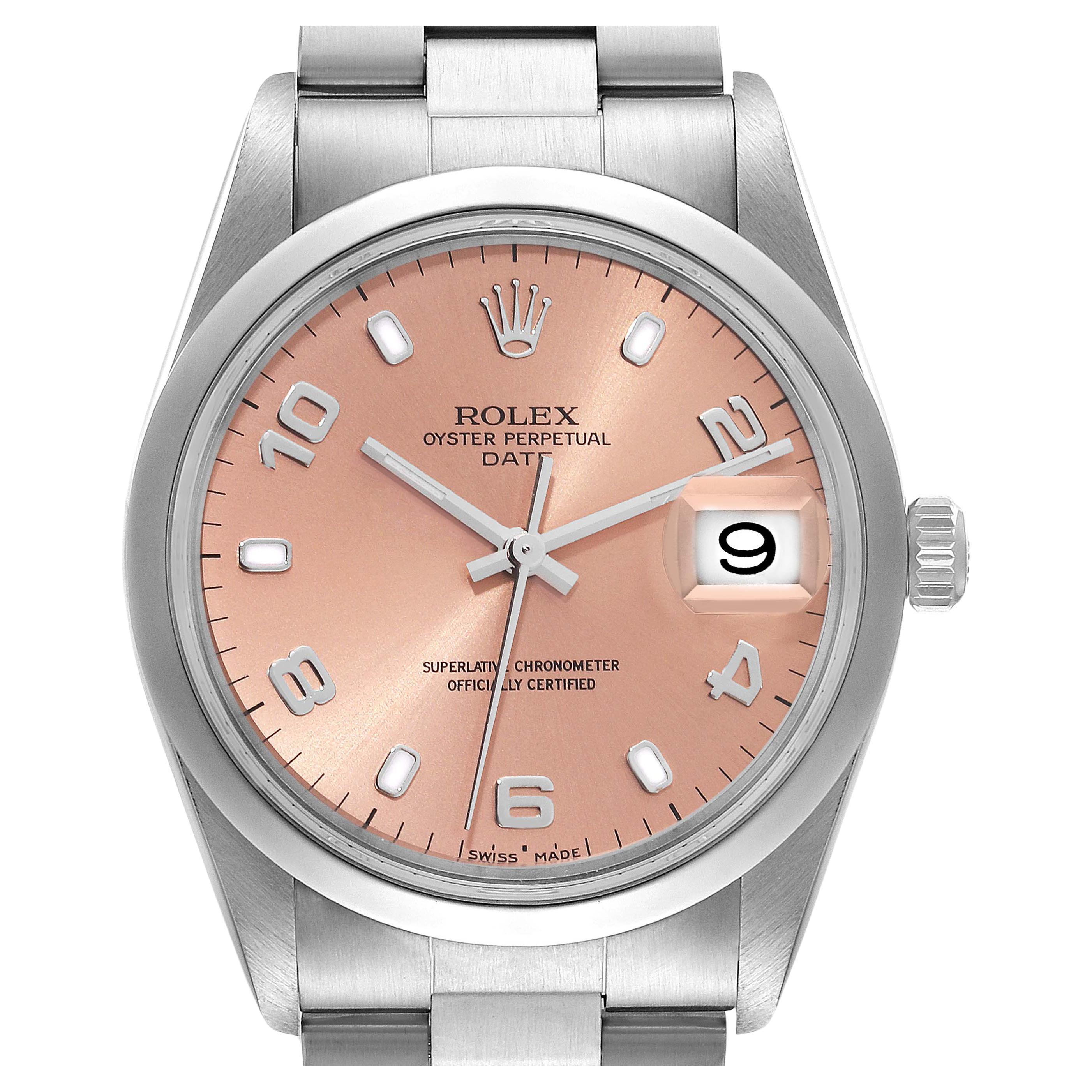 Rolex Date Salmon Dial Smooth Bezel Steel Mens Watch 15200 For Sale