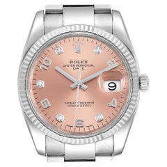 Rolex Date Salmon Diamond Dial Steel White Gold Men's Watch 115234 Box Card