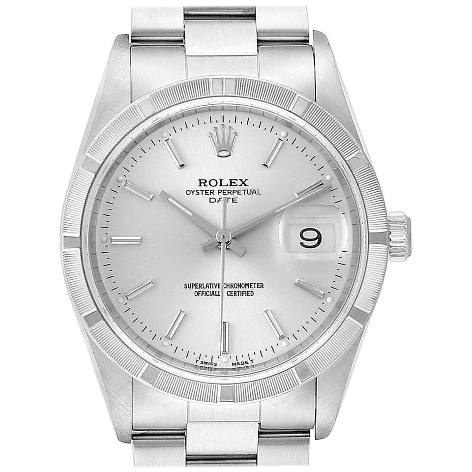 Rolex Date Silver Baton Dial Oyster Bracelet Steel Men's Watch 15210 ...