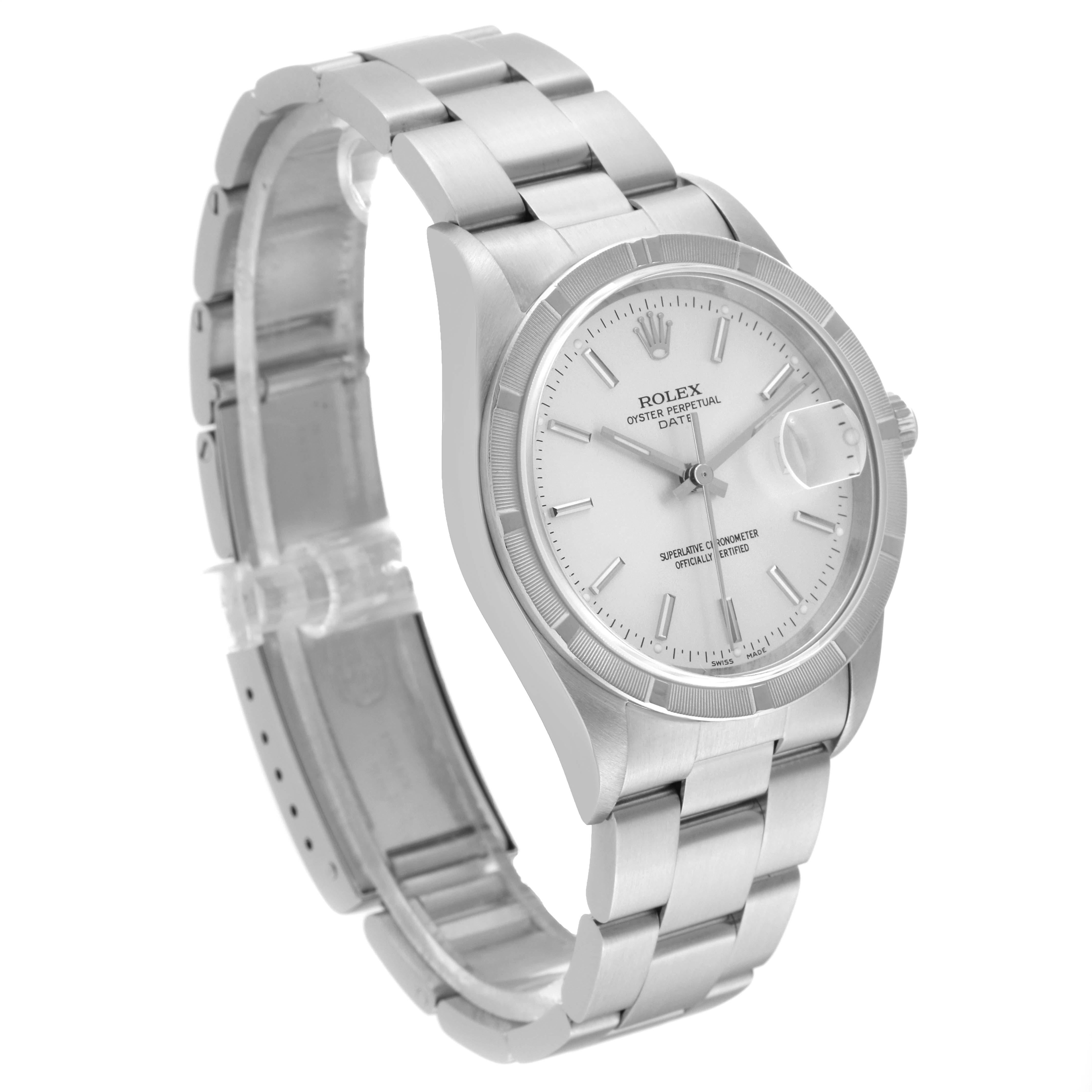Rolex Date Silver Dial Engine Turned Bezel Steel Mens Watch 15210 Papers For Sale 8