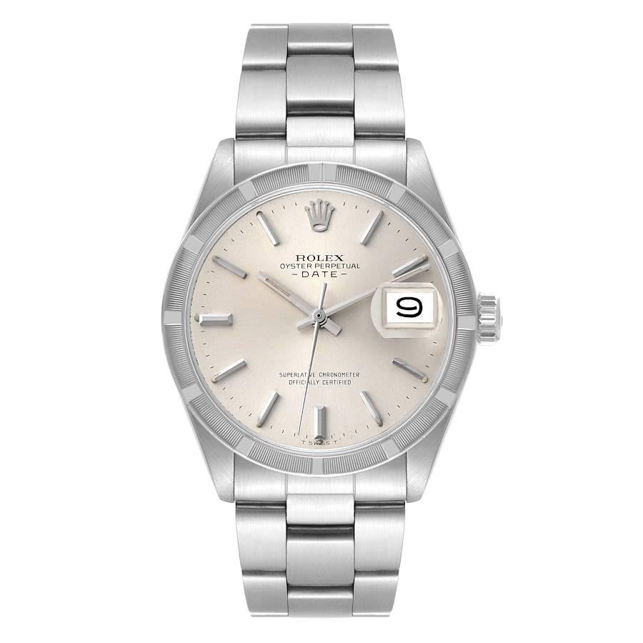 Rolex Date Silver Dial Engine Turned Bezel Vintage Steel Mens Watch 1501. Officially certified chronometer automatic self-winding movement. Stainless steel oyster case 35.0 mm in diameter. Rolex logo on the crown. Stainless steel engine turned