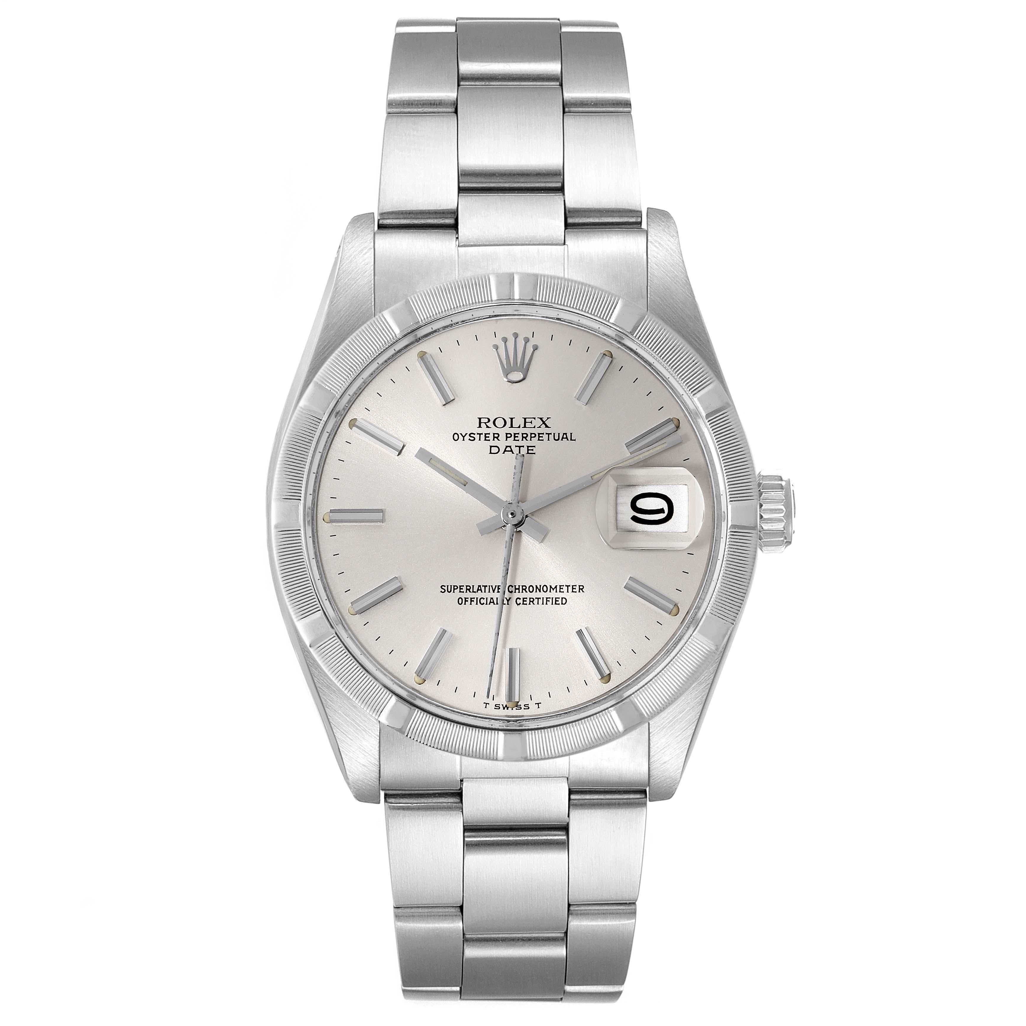 Rolex Date Silver Dial Engine Turned Bezel Vintage Steel Mens Watch 1501. Officially certified chronometer automatic self-winding movement. Stainless steel oyster case 35.0 mm in diameter. Rolex logo on the crown. Stainless steel engine turned