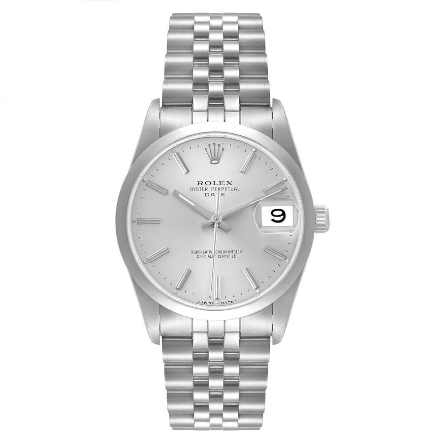 Rolex Date Silver Dial Jubilee Bracelet Automatic Mens Watch 15200. Offiziell zertifiziertes Chronometerwerk mit automatischem Aufzug. Austerngehäuse aus Edelstahl mit einem Durchmesser von 34 mm. Rolex Logo auf einer Krone. Glatte, gewölbte Lünette