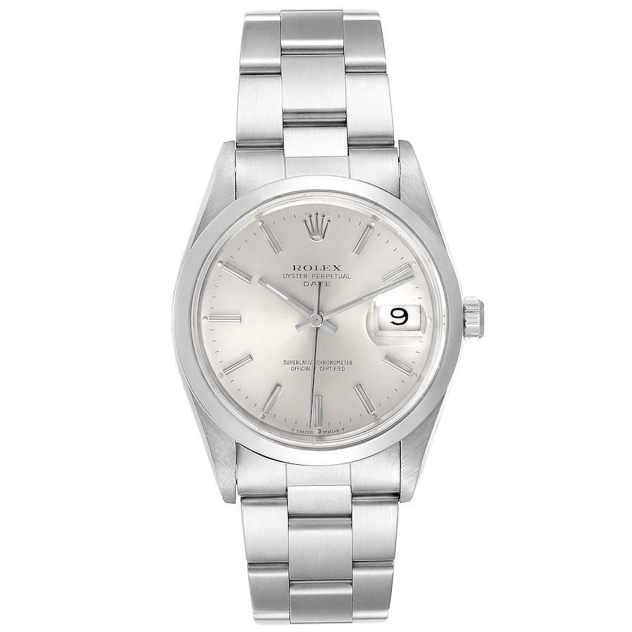 Rolex Date Silver Dial Oyster Bracelet Automatic Mens Watch 15200 Box. Officially certified chronometer self-winding movement. Stainless steel oyster case 34 mm in diameter. Rolex logo on a crown. Stainless steel smooth domed bezel. Scratch
