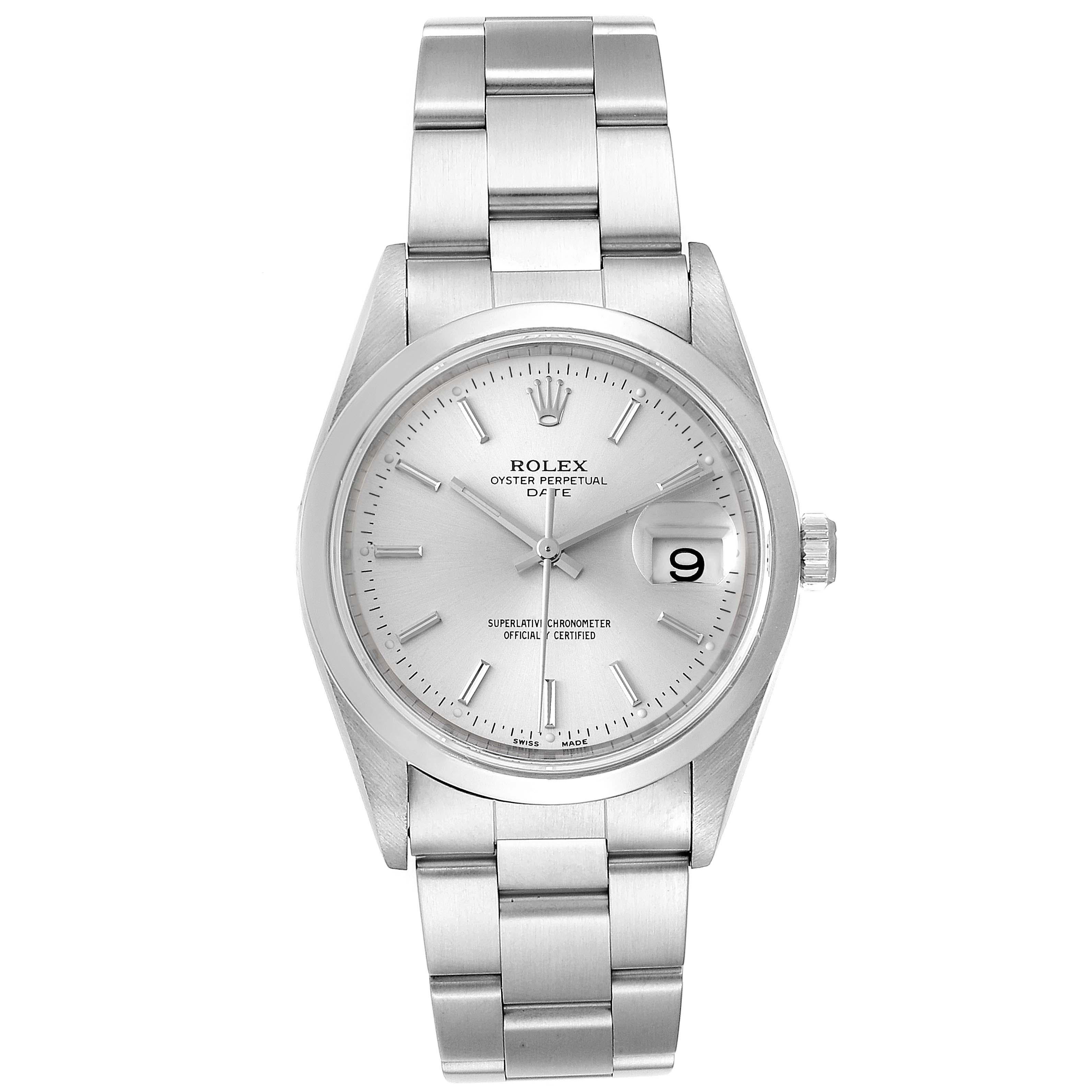 Rolex Date Silver Dial Oyster Bracelet Automatic Mens Watch 15200. Officially certified chronometer self-winding movement. Stainless steel oyster case 34 mm in diameter. Rolex logo on a crown. Stainless steel smooth domed bezel. Scratch resistant