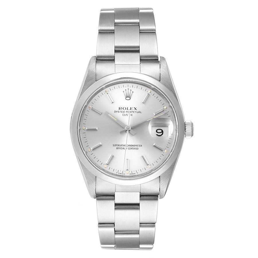 Rolex Date Silver Dial Oyster Bracelet Automatic Mens Watch 15200. Officially certified chronometer self-winding movement. Stainless steel oyster case 34 mm in diameter. Rolex logo on a crown. Stainless steel smooth domed bezel. Scratch resistant