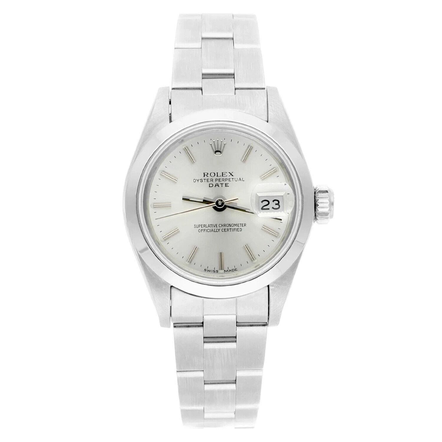 Rolex Date Silver Dial Oyster Bracelet Stainless Steel Ladies Watch 69160, Circa 1984, 8 million series.
This watch has been professionally polished, serviced and is in excellent overall condition. There are absolutely no visible scratches or
